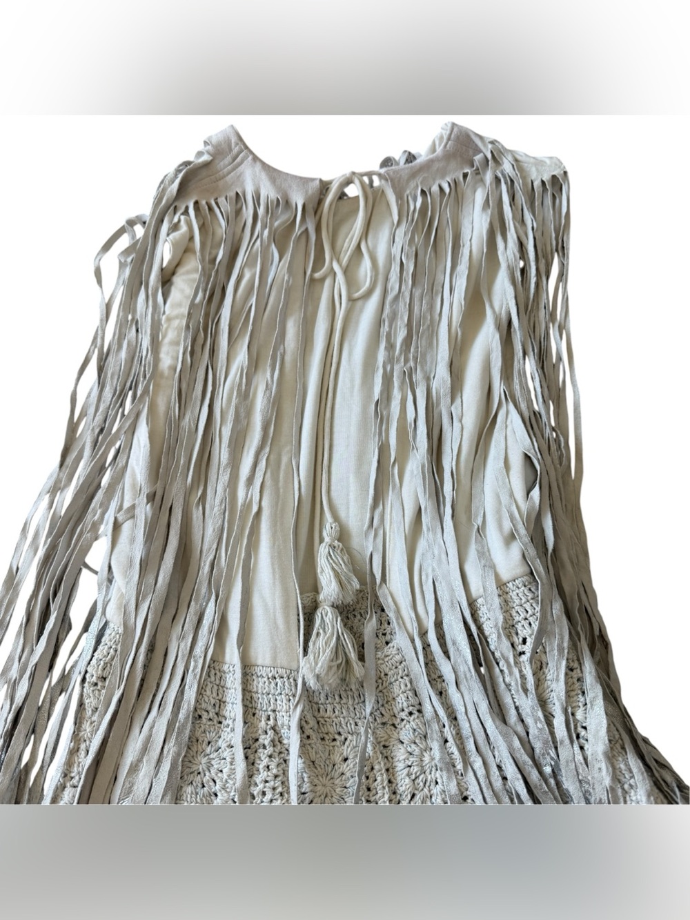Free People Cream Crochet Fringe Leather Boho Festival Romper Shorts Western L - Picture 12 of 15